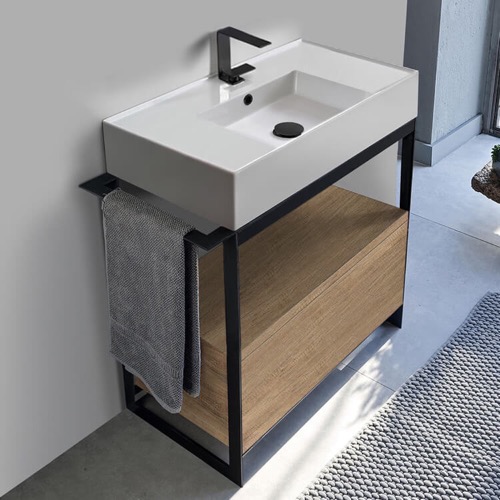 Console Sink Vanity With Ceramic Sink and Natural Brown Oak Drawer Scarabeo 5123-SOL1-89